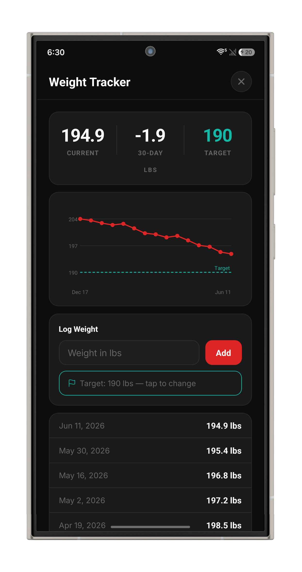 Sety weight tracker screen showing strength progress